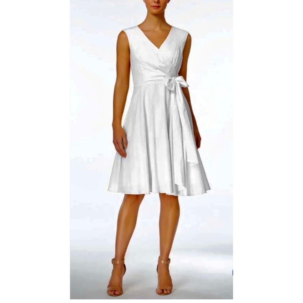 Calvin Klein White Sleeveless V-Neck Tie Waist A-Line Midi Dress Size 6